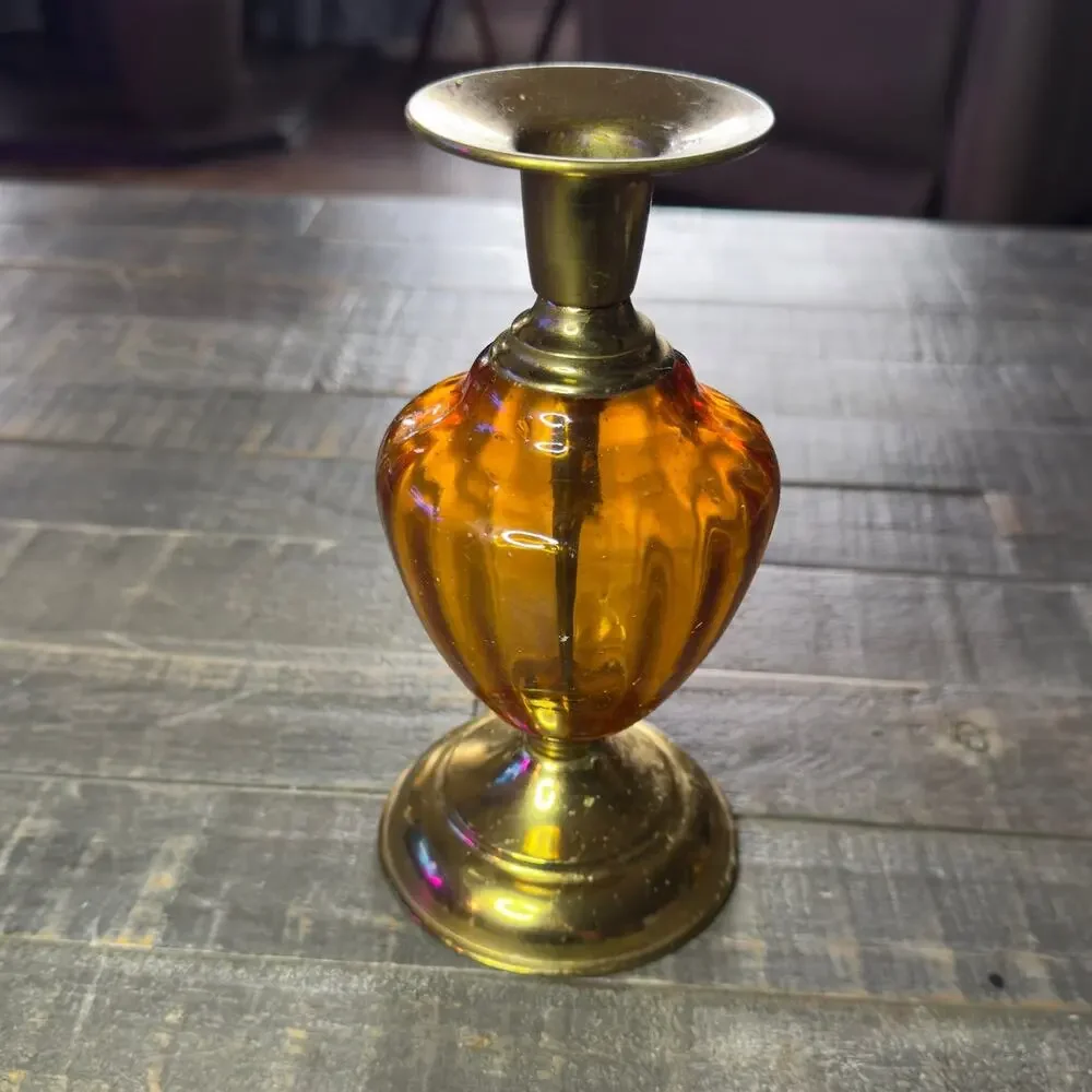 Vintage Amber Glass Candlestick Antiqued Gold Hollywood‎ Regency Decor